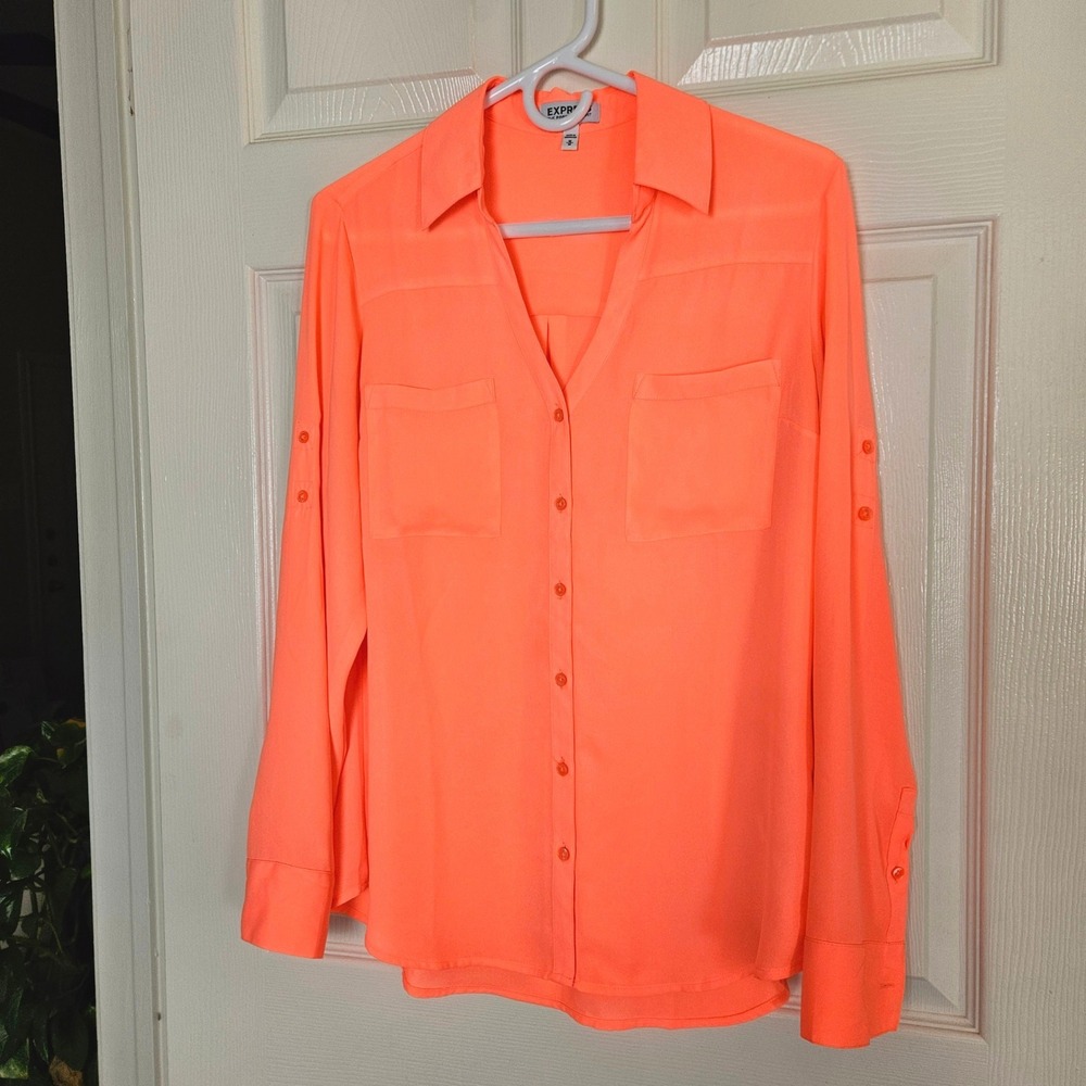 Express The Portofino Shirt Bright Neon Coral Orange 80s 90s Long Sleeve Women M